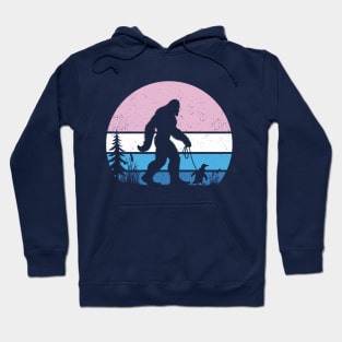 Bigfoot Sasquatch Walking A Penguin Vintage Sunset Seabird Hoodie